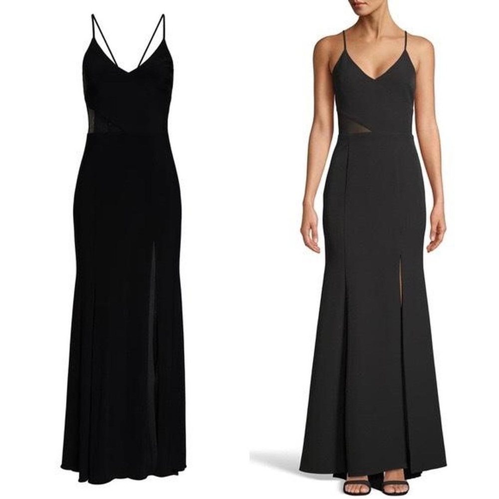 Xscape Black V‑Neck Spaghetti Strap Evening Gown